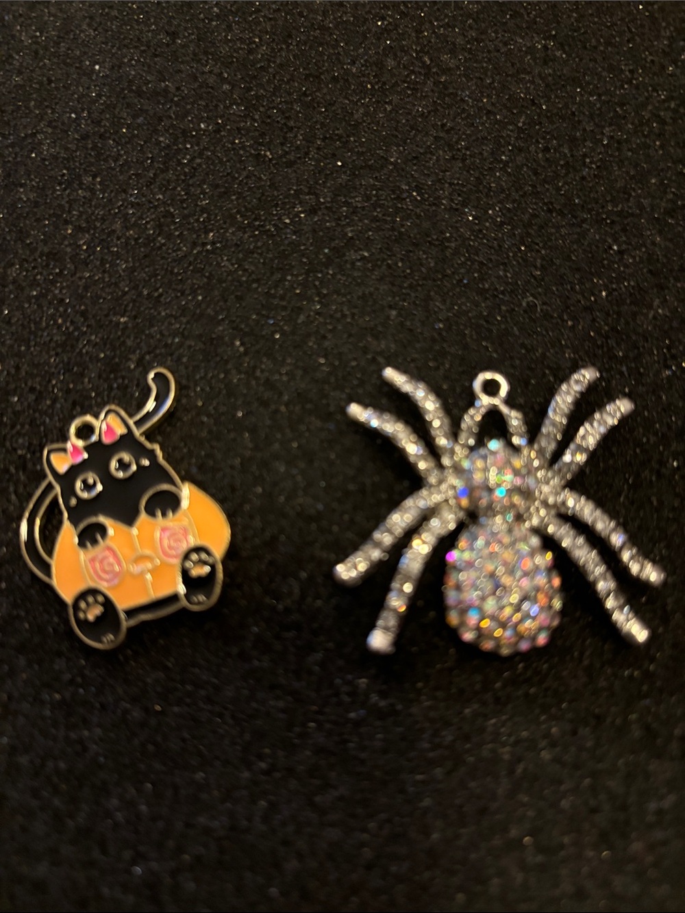 Cute Cat in Pumpkin and Sparkle Spider Pendants or Charms - Black Orange Silver